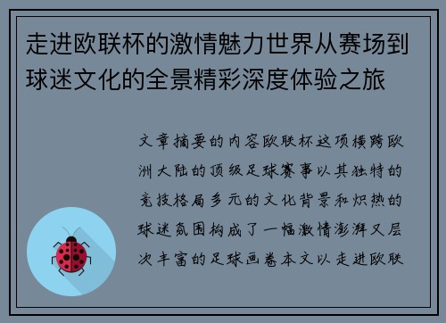 走进欧联杯的激情魅力世界从赛场到球迷文化的全景精彩深度体验之旅