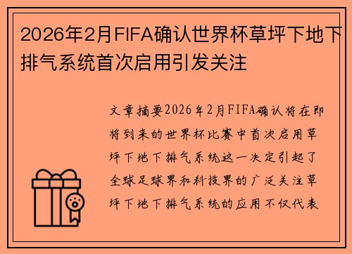 2026年2月FIFA确认世界杯草坪下地下排气系统首次启用引发关注